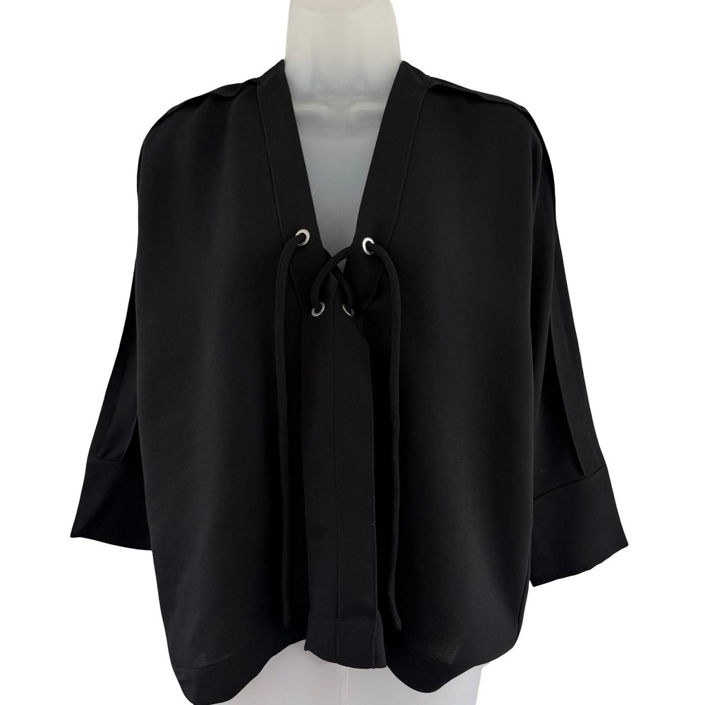 IRO Blouse Womens 34 Black Lace Up V Neck 3/4 Sleeve Alis Grommet Polyester‎ Top